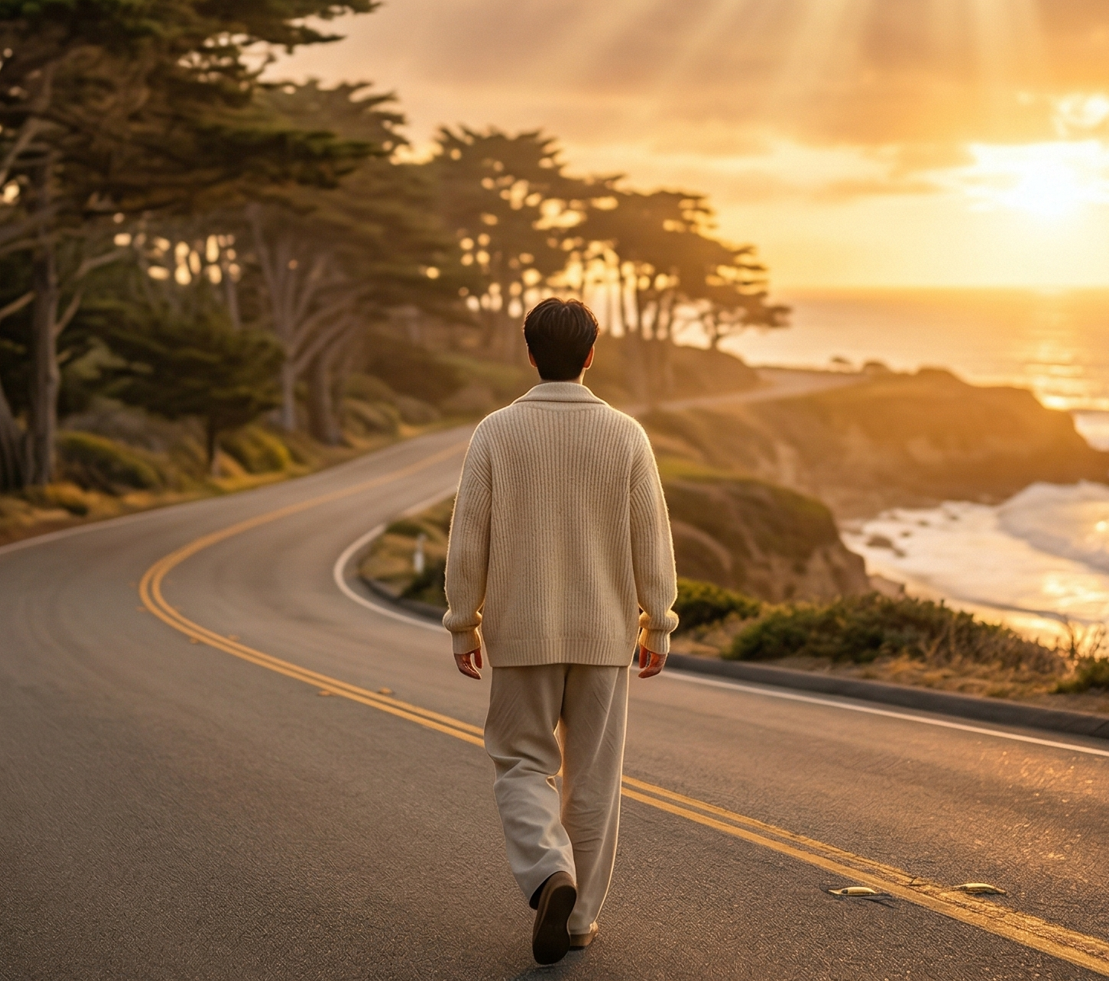 아침 햇살 비추는 길 위에